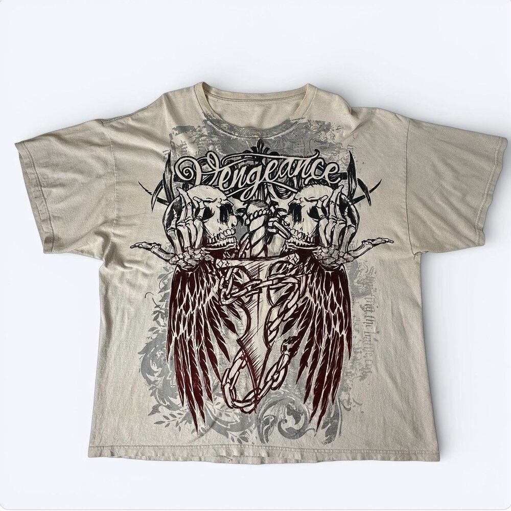 Y2K Graphic T-Shirt Sz 2XL? Vengeance Skulls Flocked Velvet Tattoo Distressed